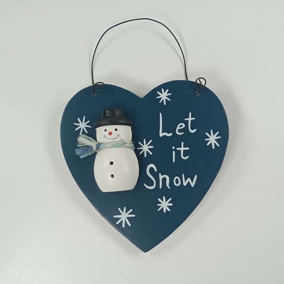 "Let it Snow" Snowman & Snowflake Blue Heart Wooden Christmas Hanging Ornament - Picture 1 of 4